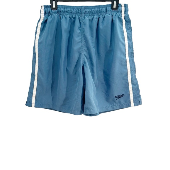 Speedo Men’s Swim Trunks Light Blue With Navy And White Side Stripes Medium - Picture 1 of 16